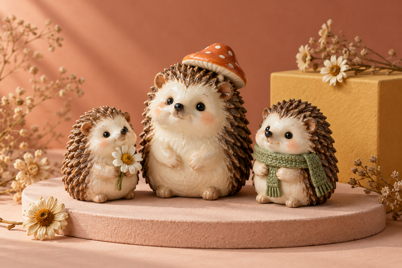 Illustrative ceramic hedgehogs wearing a mushroom hat, holding a daisy, and wearing a scarf, arranged on soft pastel display blocks